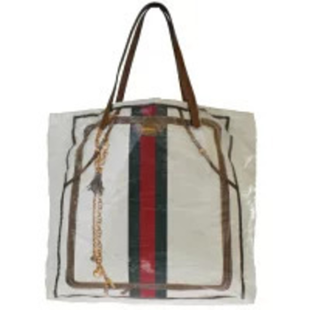 Gucci Sherry Tote Bag Shoulder Ivory White Brown Green Red Vinyl Canvas Leather